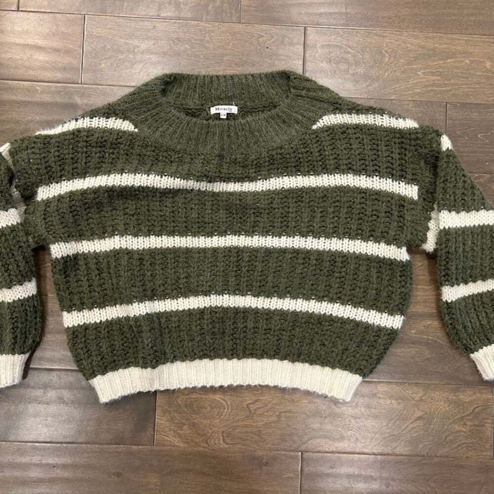 Miracle Women's Beige & Olive Striped Knit Sweater Size M